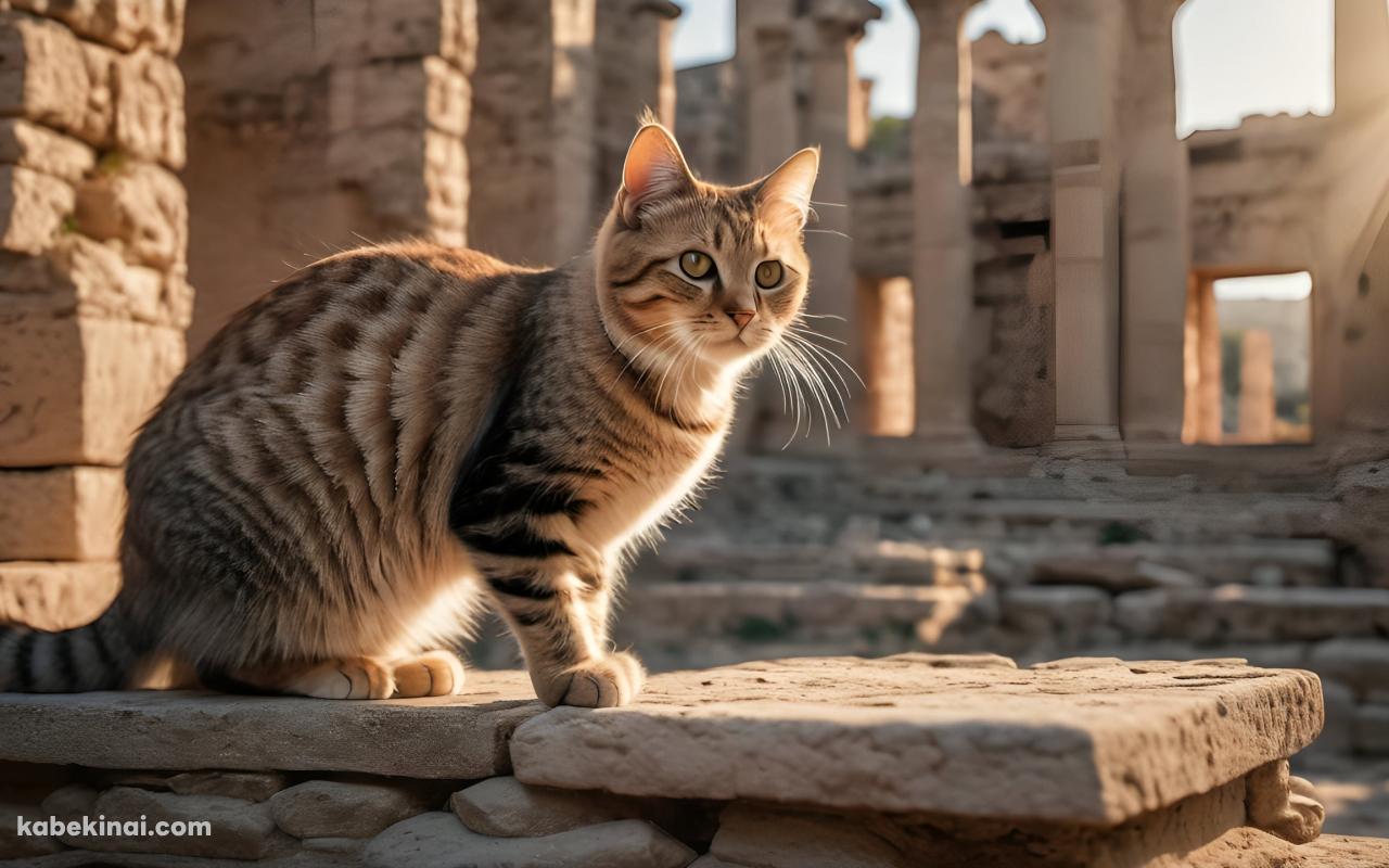 神殿跡地の壁面に座る茶色い猫の壁紙(1280px x 800px) 高画質 パソコン用