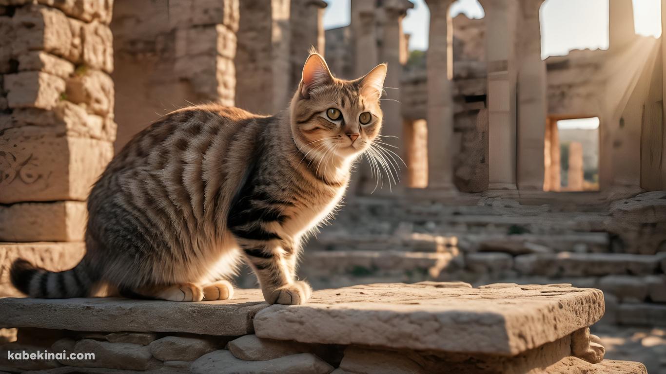 神殿跡地の壁面に座る茶色い猫の壁紙(1366px x 768px) 高画質 パソコン用