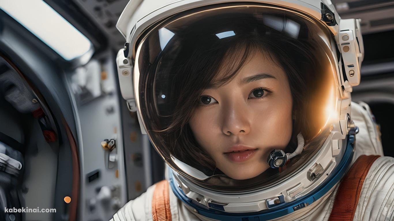 こちらを見つめる茶髪の宇宙飛行士 / 女性 / マイクの壁紙(1366px x 768px) 高画質 パソコン用