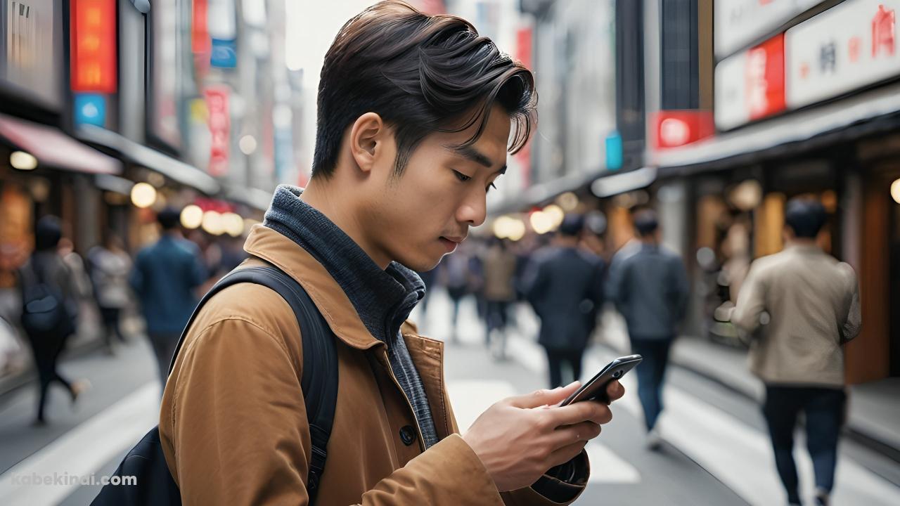 街中でスマホを確認する茶色い服を着た日本人男性の壁紙(1280px x 720px) 高画質 パソコン用