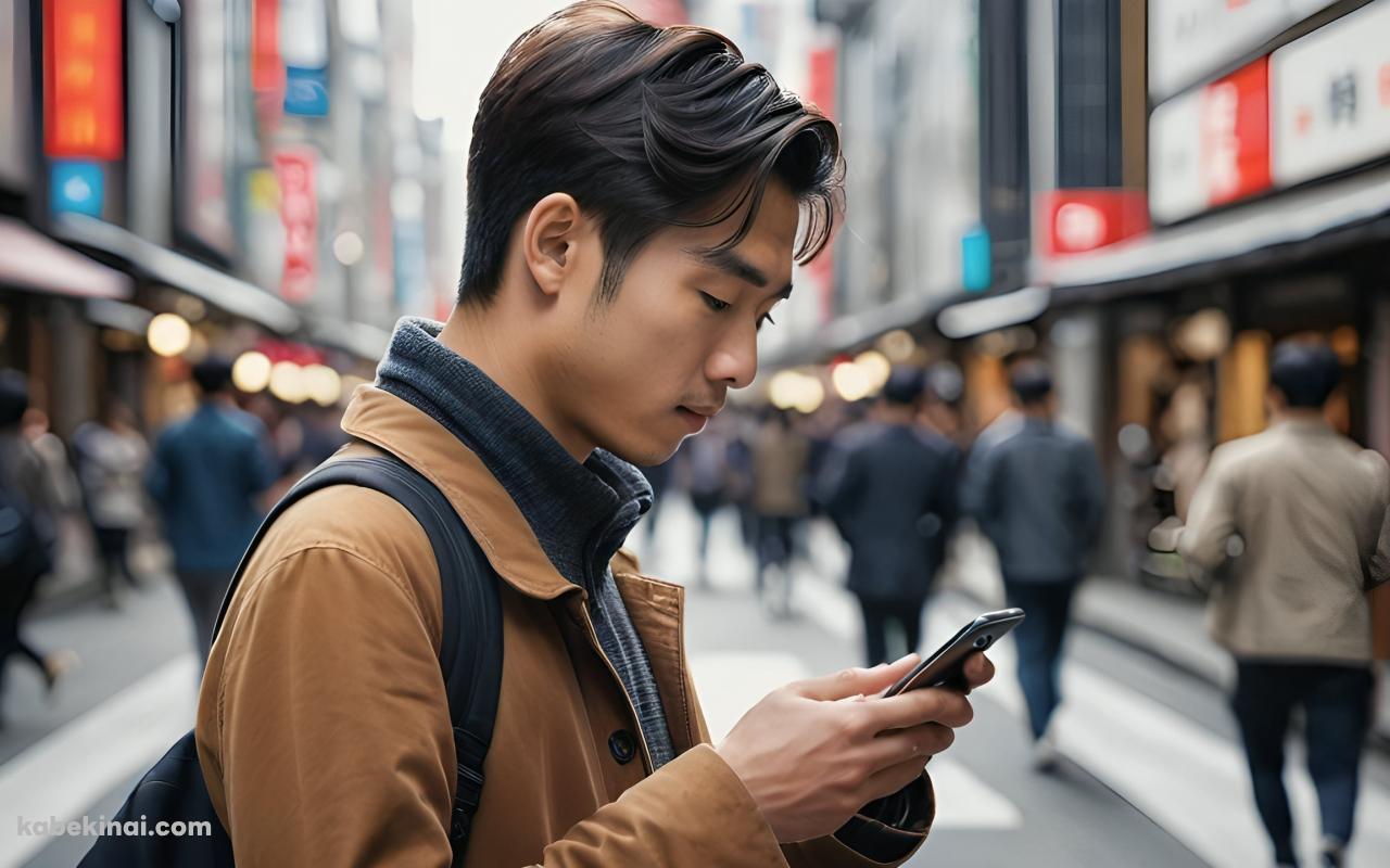 街中でスマホを確認する茶色い服を着た日本人男性の壁紙(1280px x 800px) 高画質 パソコン用