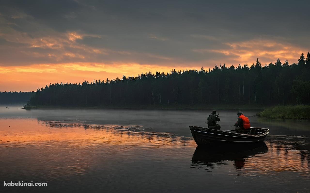 明け方の湖でボートに乗り釣りをする2人の男の壁紙(1280px x 800px) 高画質 パソコン用