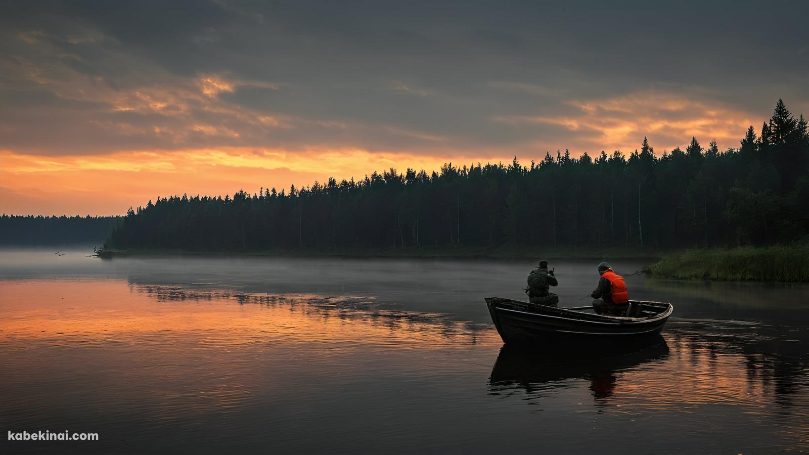 明け方の湖でボートに乗り釣りをする2人の男の壁紙(1600px x 900px) 高画質 パソコン用