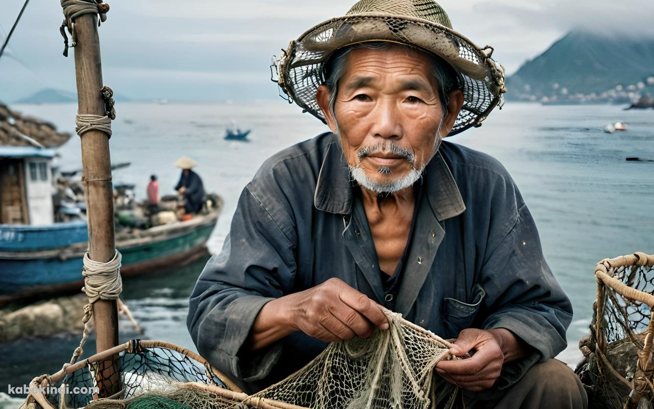 漁業の網を修理するカンボジアの漁師の壁紙(1280px x 800px) 高画質 パソコン用