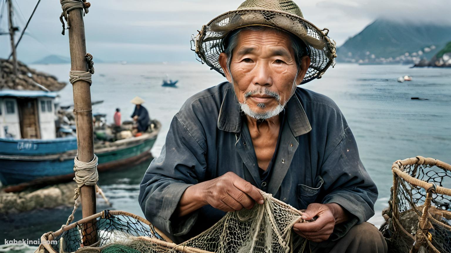 漁業の網を修理するカンボジアの漁師の壁紙(1536px x 864px) 高画質 パソコン用