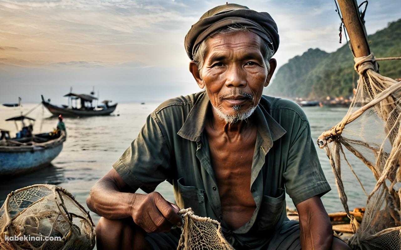 網を使って漁をする肌の黒いカンボジアの男性の壁紙(1280px x 800px) 高画質 パソコン用