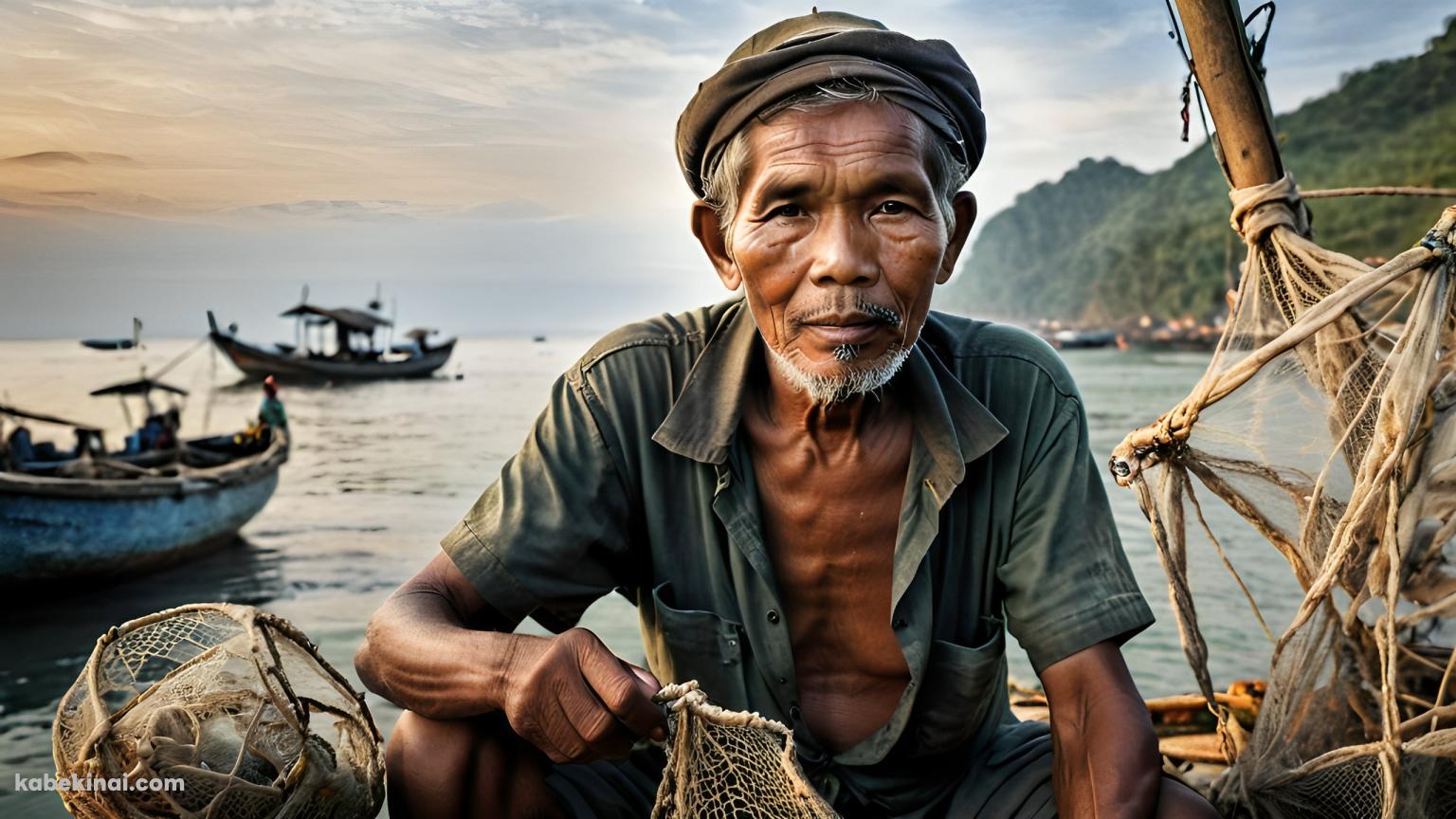 網を使って漁をする肌の黒いカンボジアの男性の壁紙(1536px x 864px) 高画質 パソコン用