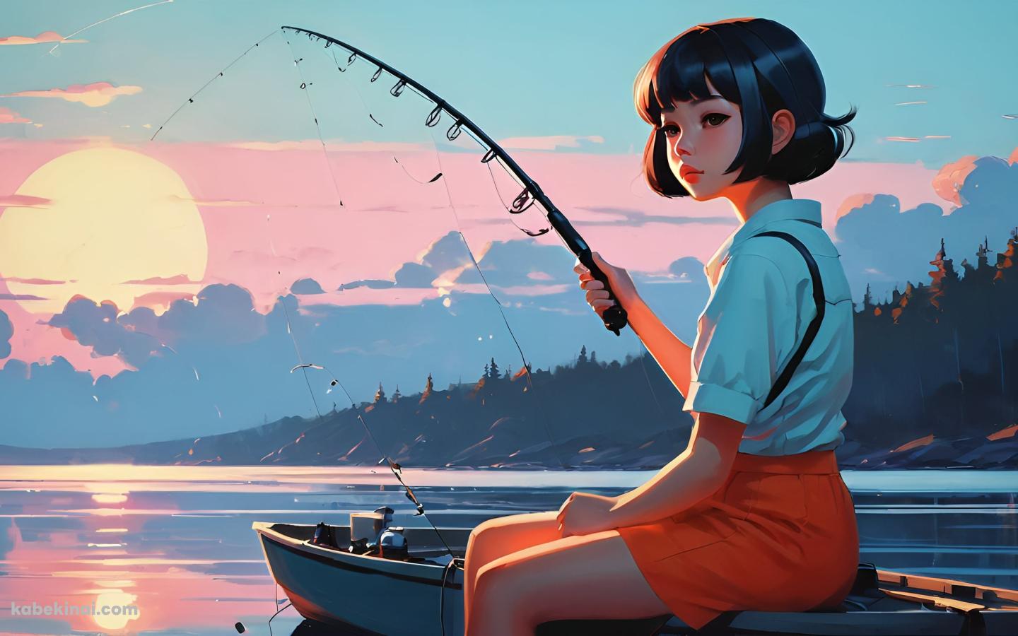 ボートの上で釣りをする黒髪の女性 / 朝日 / イラストの壁紙(1440px x 900px) 高画質 パソコン用