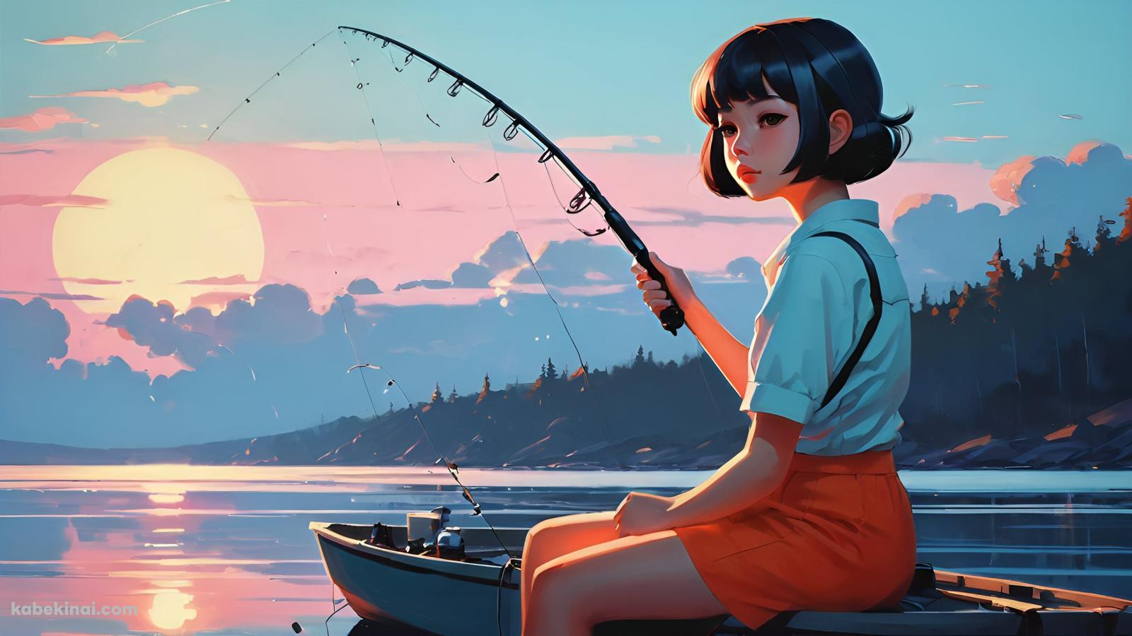 ボートの上で釣りをする黒髪の女性 / 朝日 / イラストの壁紙(1600px x 900px) 高画質 パソコン用