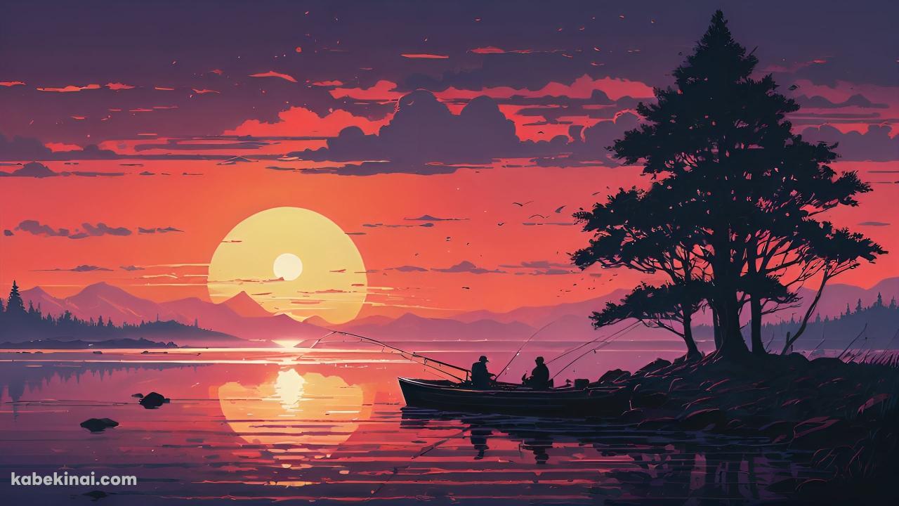 夕暮れ時、ボートに乗って釣りをする2人の壁紙(1280px x 720px) 高画質 パソコン用