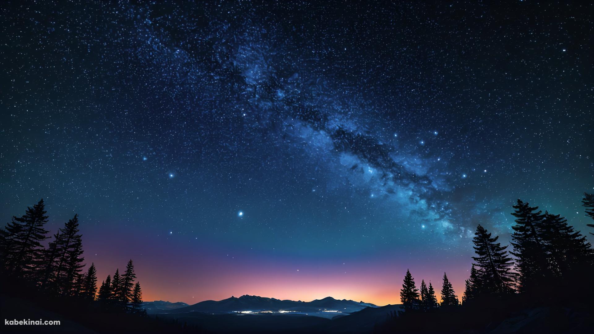 黒い森と綺麗な青い銀河・星空の壁紙(1920px x 1080px) 高画質 パソコン用