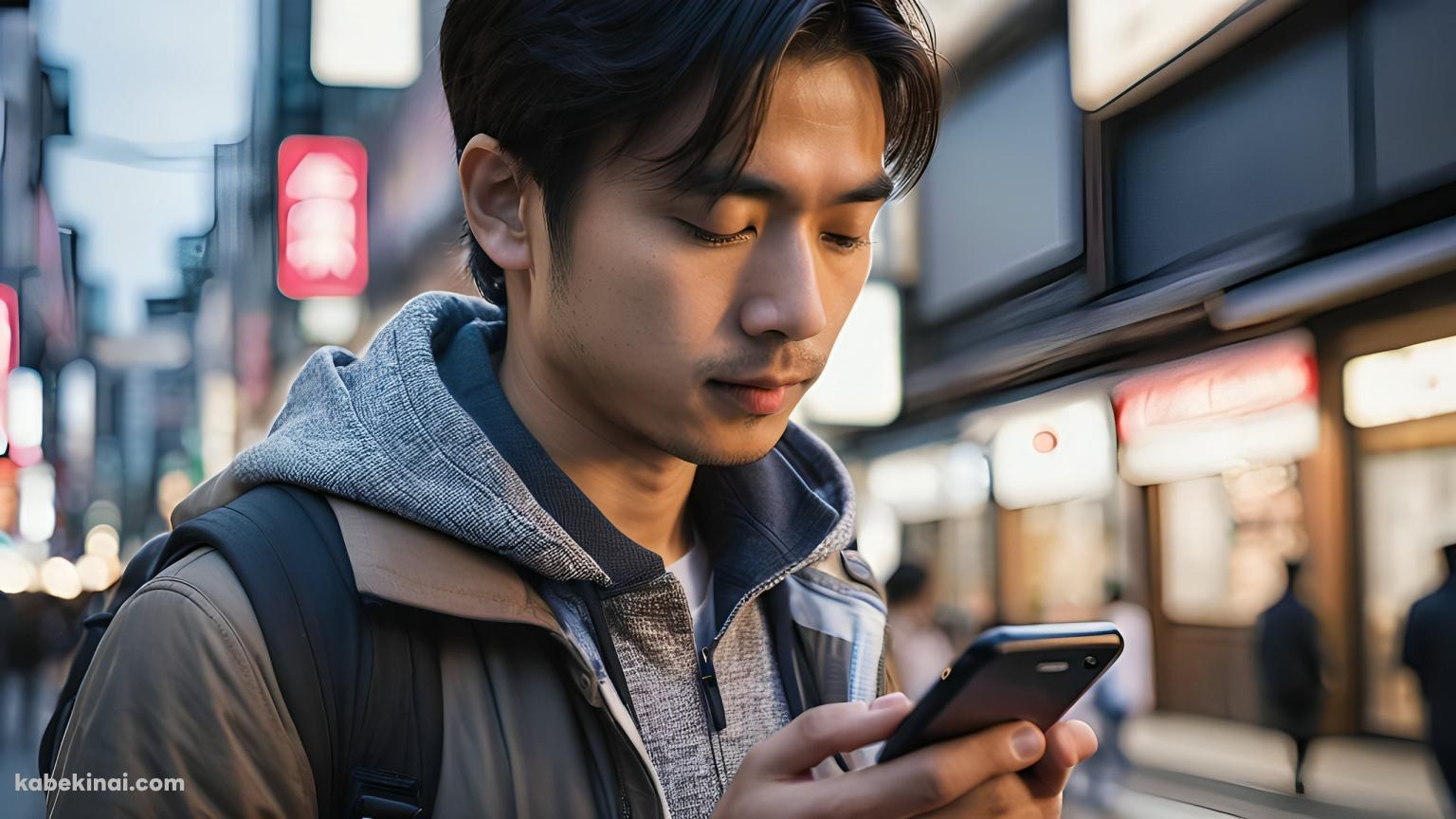 歩きスマホをするリュックを背負った男性の壁紙(1536px x 864px) 高画質 パソコン用