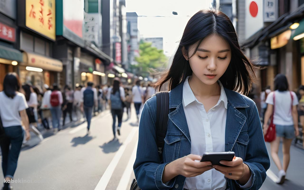 街中で歩きスマホをするデニムジャケットを着た黒髪の女性の壁紙(1280px x 800px) 高画質 パソコン用