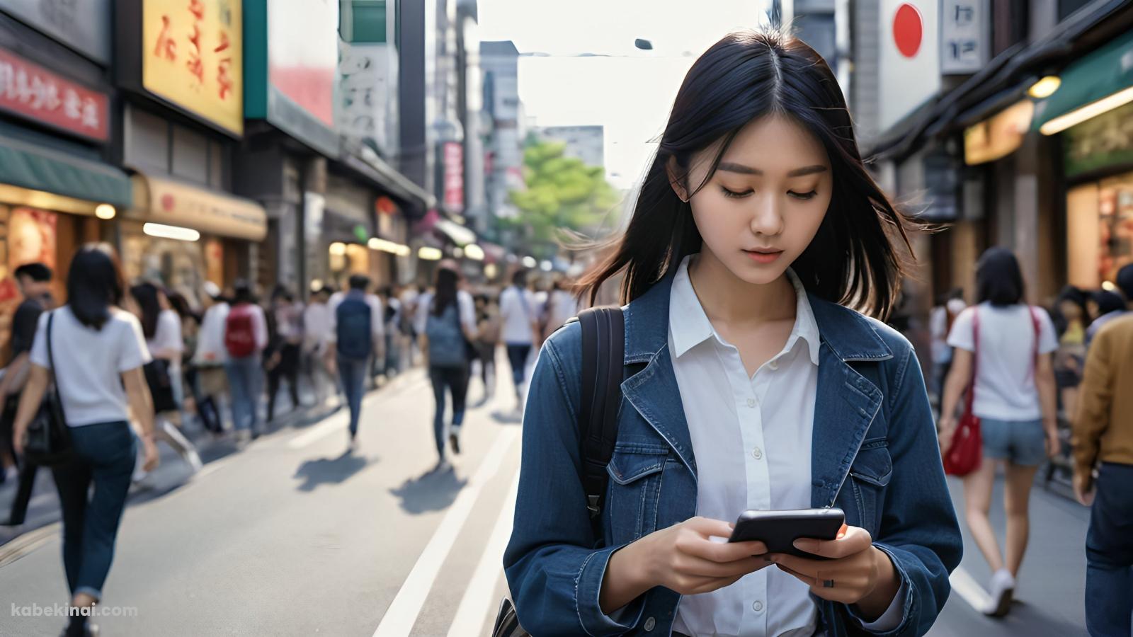 街中で歩きスマホをするデニムジャケットを着た黒髪の女性の壁紙(1600px x 900px) 高画質 パソコン用