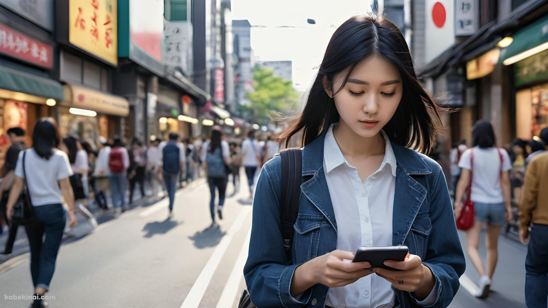 街中で歩きスマホをするデニムジャケットを着た黒髪の女性の壁紙(1920px x 1080px) 高画質 パソコン用