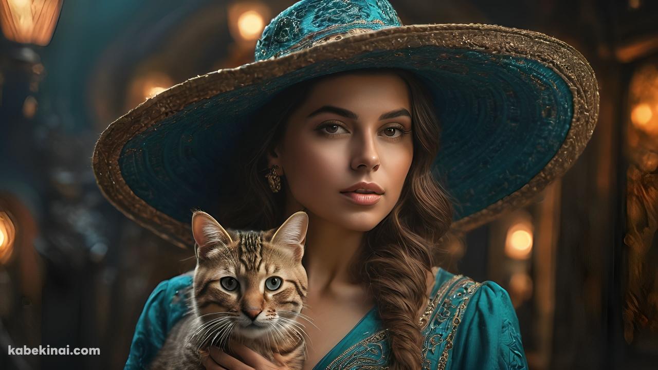 猫を抱えているエメラルドグリーンのドレスを着た女性 / 美人の壁紙(1280px x 720px) 高画質 パソコン用