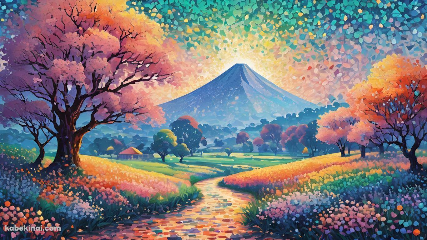 山に続く小道 / 満開の桜 / 綺麗 / 春 / 点描画の壁紙(1366px x 768px) 高画質 パソコン用