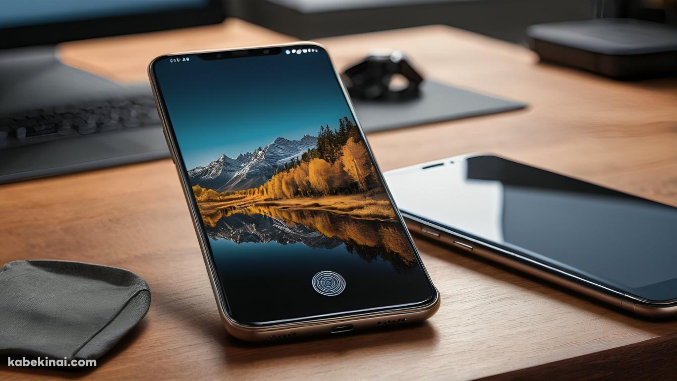 机の上にあるスマートフォン / PC / 指紋認証 / CGの壁紙(1366px x 768px) 高画質 パソコン用