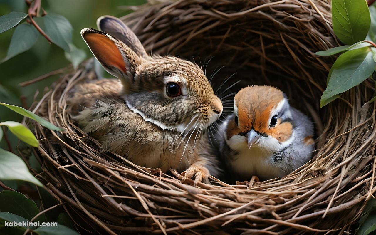 鳥の巣に入った兎と鳥の壁紙(1280px x 800px) 高画質 パソコン用