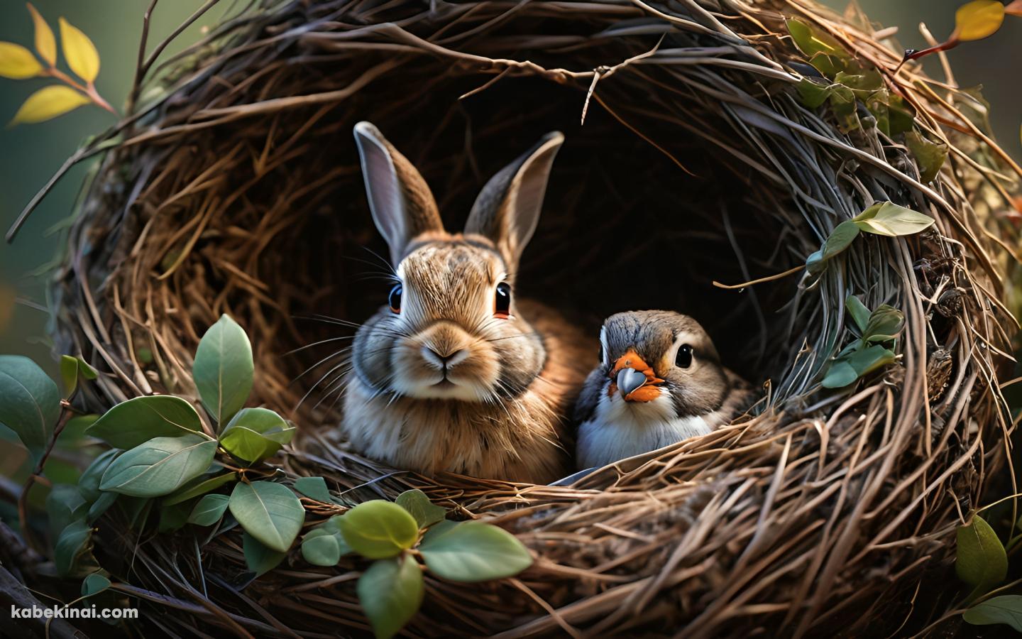 鳥の巣に入っている可愛い兎と鳥の壁紙(1440px x 900px) 高画質 パソコン用