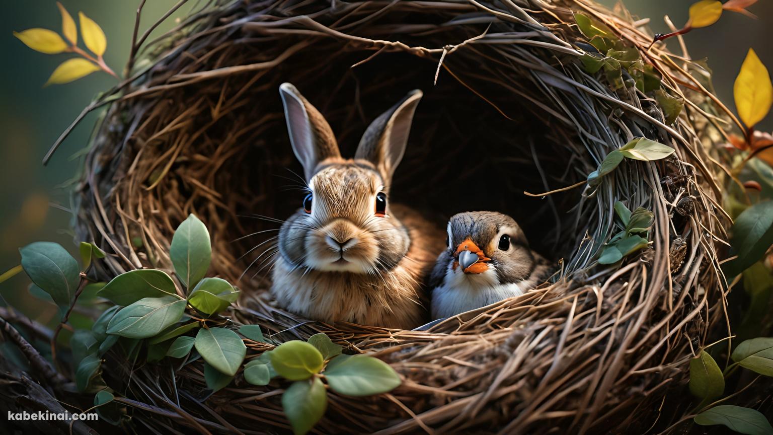 鳥の巣に入っている可愛い兎と鳥の壁紙(1536px x 864px) 高画質 パソコン用