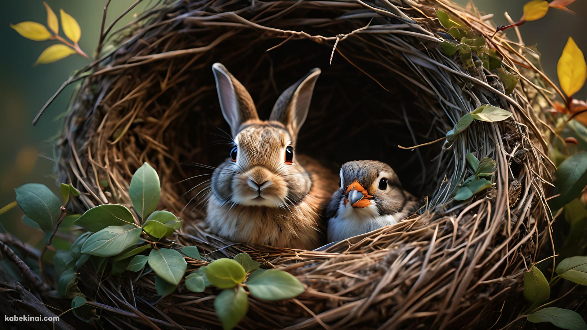 鳥の巣に入っている可愛い兎と鳥の壁紙(1920px x 1080px) 高画質 パソコン用