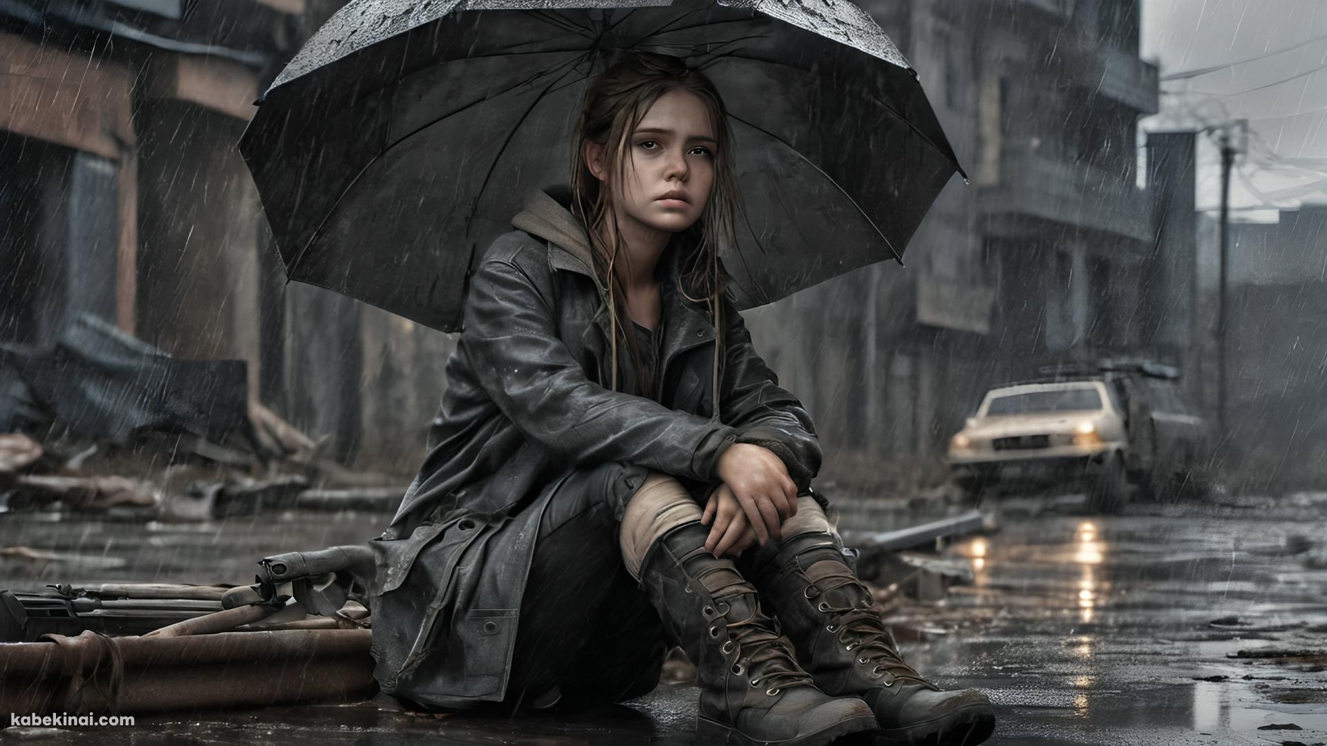 荒廃した街で雨の中、黒い傘をさし座る外国人の女性の壁紙(1920px x 1080px) 高画質 パソコン用