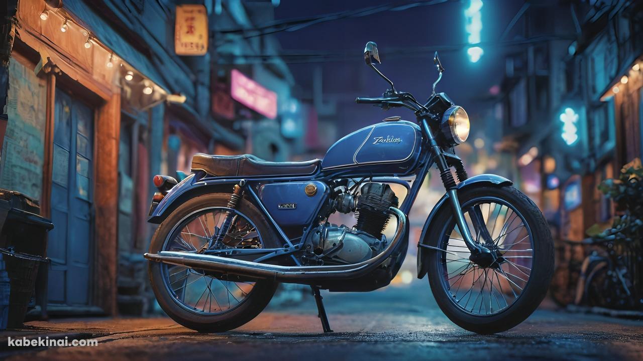 道の真ん中に停車する水色のバイクの壁紙(1280px x 720px) 高画質 パソコン用