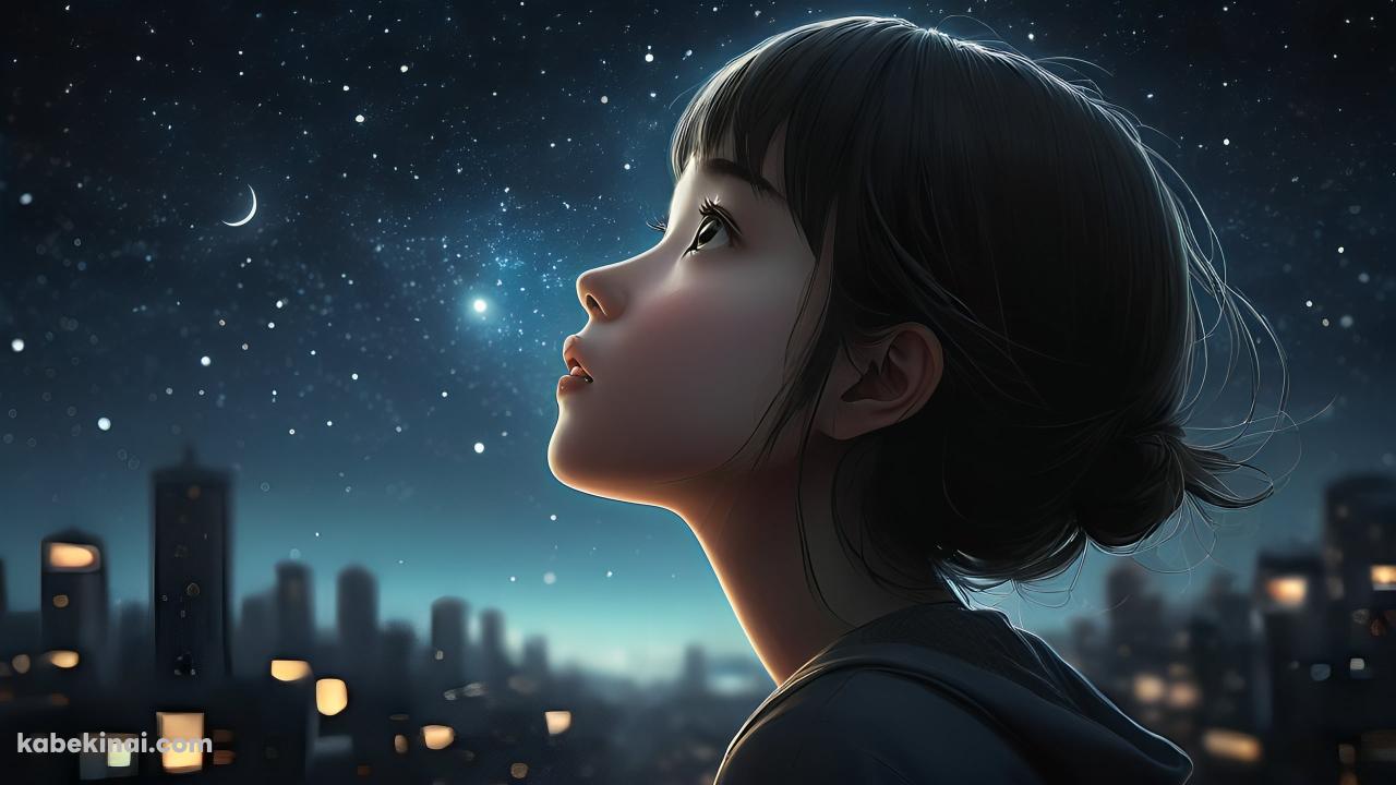 夜空を見上げるアップヘアの女の子 / 三日月の壁紙(1280px x 720px) 高画質 パソコン用