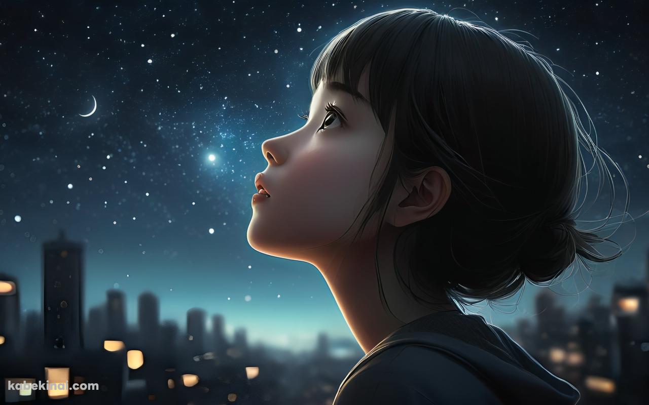 夜空を見上げるアップヘアの女の子 / 三日月の壁紙(1280px x 800px) 高画質 パソコン用