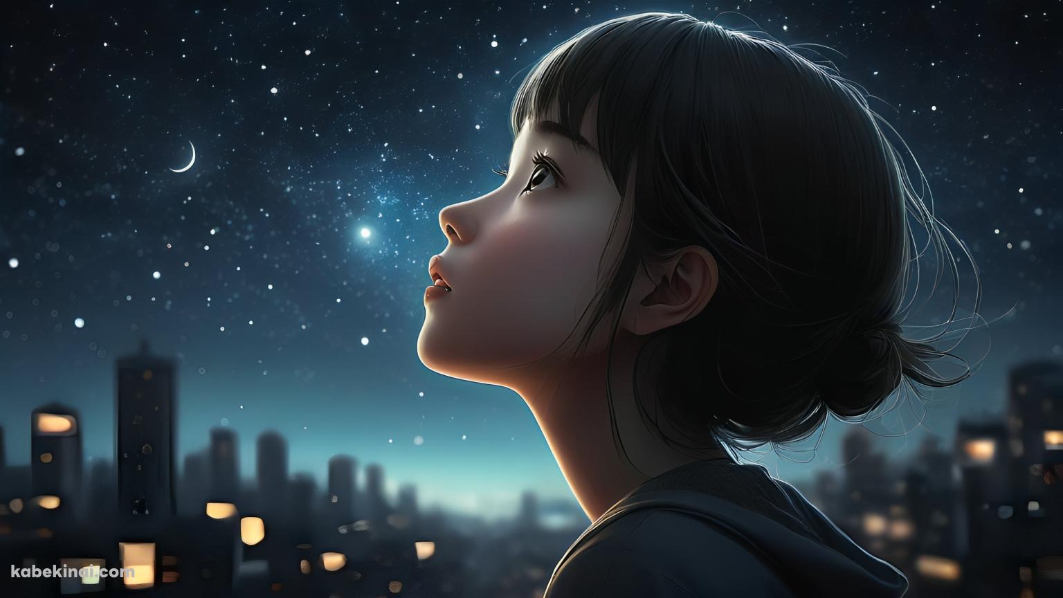 夜空を見上げるアップヘアの女の子 / 三日月の壁紙(1536px x 864px) 高画質 パソコン用