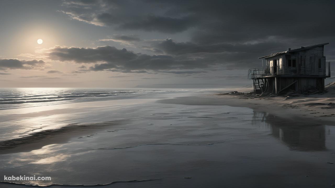 暗い雰囲気の海 / 古びた家屋 / 満月の壁紙(1280px x 720px) 高画質 パソコン用