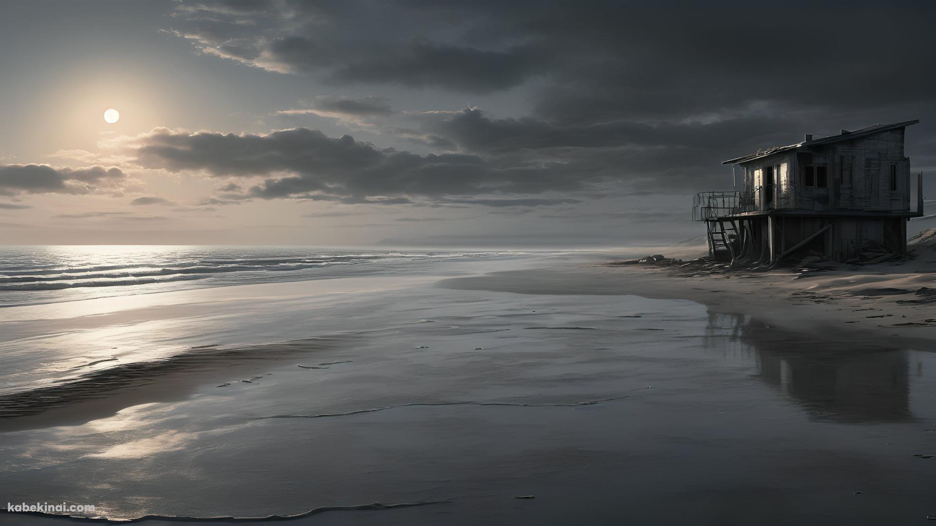 暗い雰囲気の海 / 古びた家屋 / 満月の壁紙(1920px x 1080px) 高画質 パソコン用