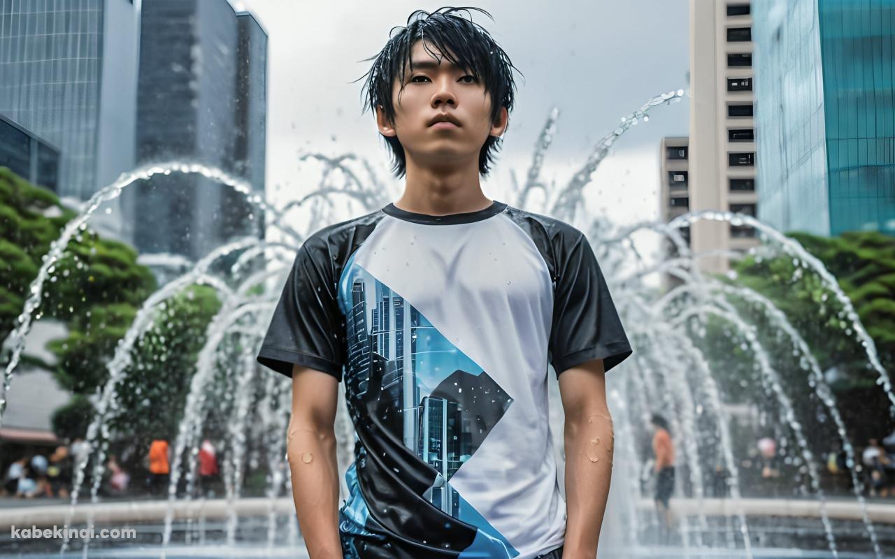 噴水の前、黒・白のTシャツを着た日本人の男性 / イケメンの壁紙(1280px x 800px) 高画質 パソコン用