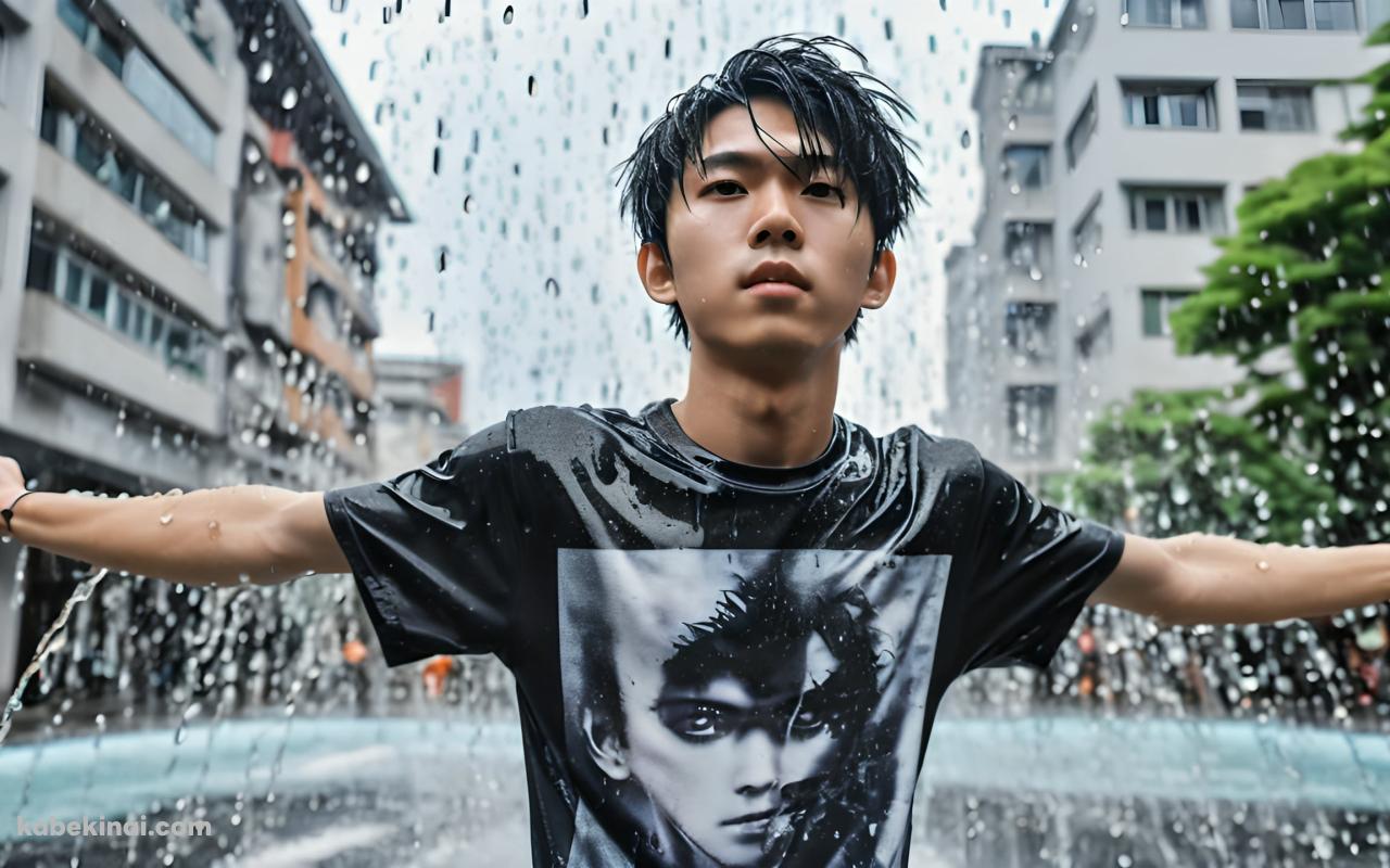 噴水の前でびしょ濡れで両手を広げる黒いTシャツを着た日本人男性の壁紙(1280px x 800px) 高画質 パソコン用