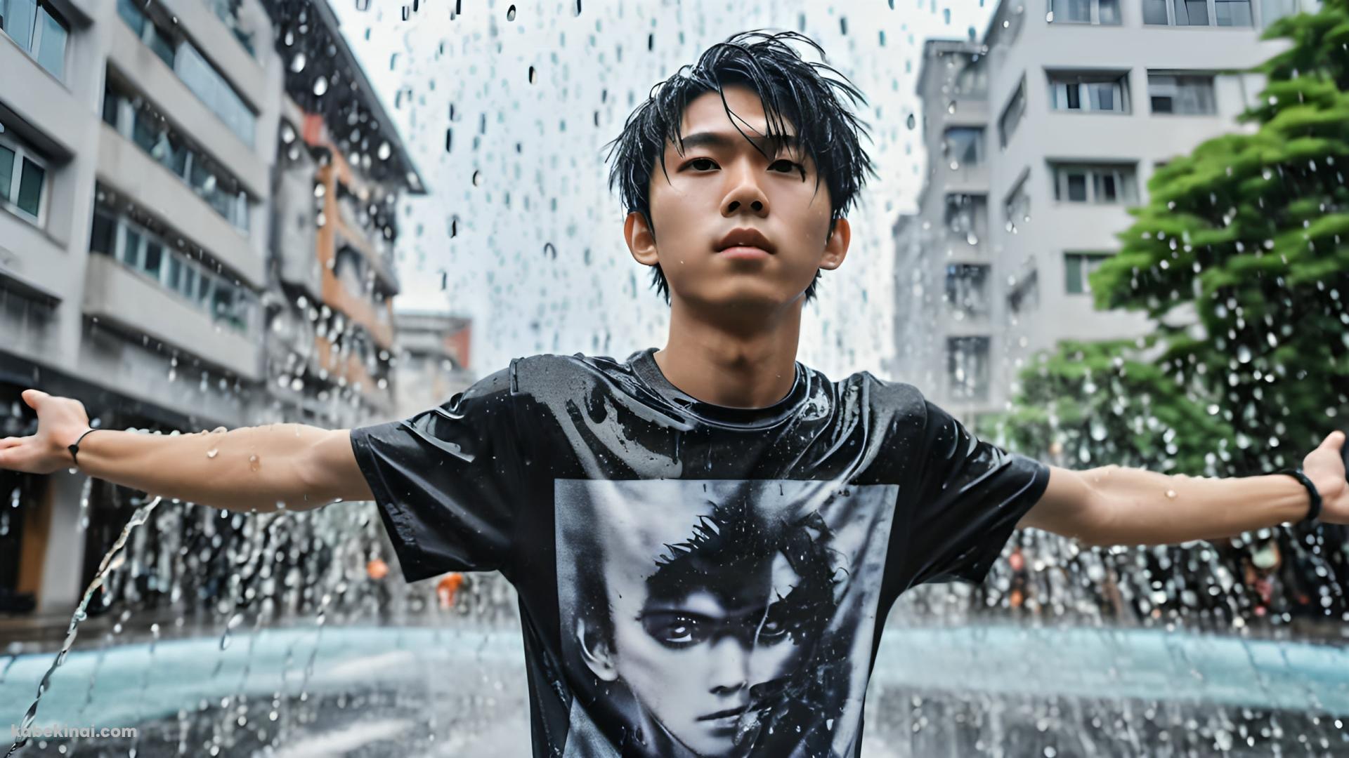 噴水の前でびしょ濡れで両手を広げる黒いTシャツを着た日本人男性の壁紙(1920px x 1080px) 高画質 パソコン用