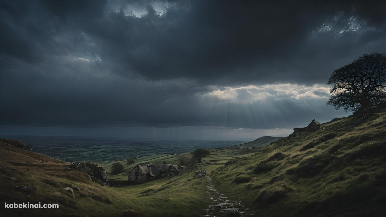 曇天模様の空の下の田園風景 / 田舎 / 丘陵地帯の壁紙(1280px x 720px) 高画質 パソコン用