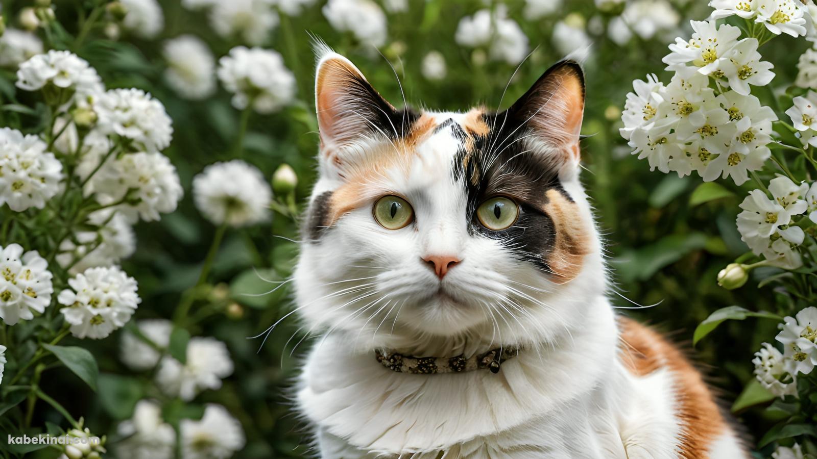 白い花と黒・茶色のブチ猫の壁紙(1600px x 900px) 高画質 パソコン用