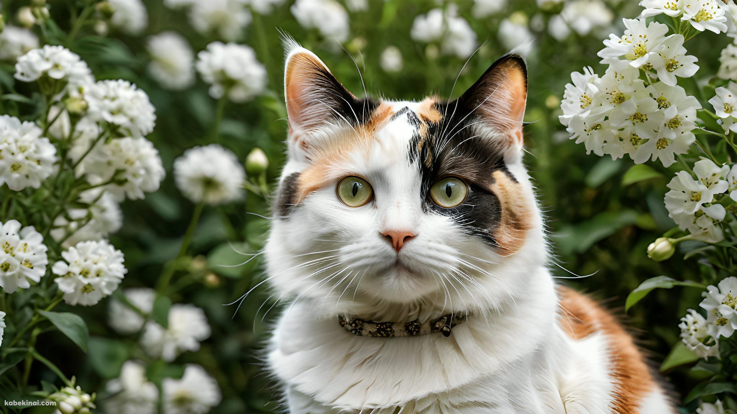 白い花と黒・茶色のブチ猫の壁紙(2560px x 1440px) 高画質 パソコン用