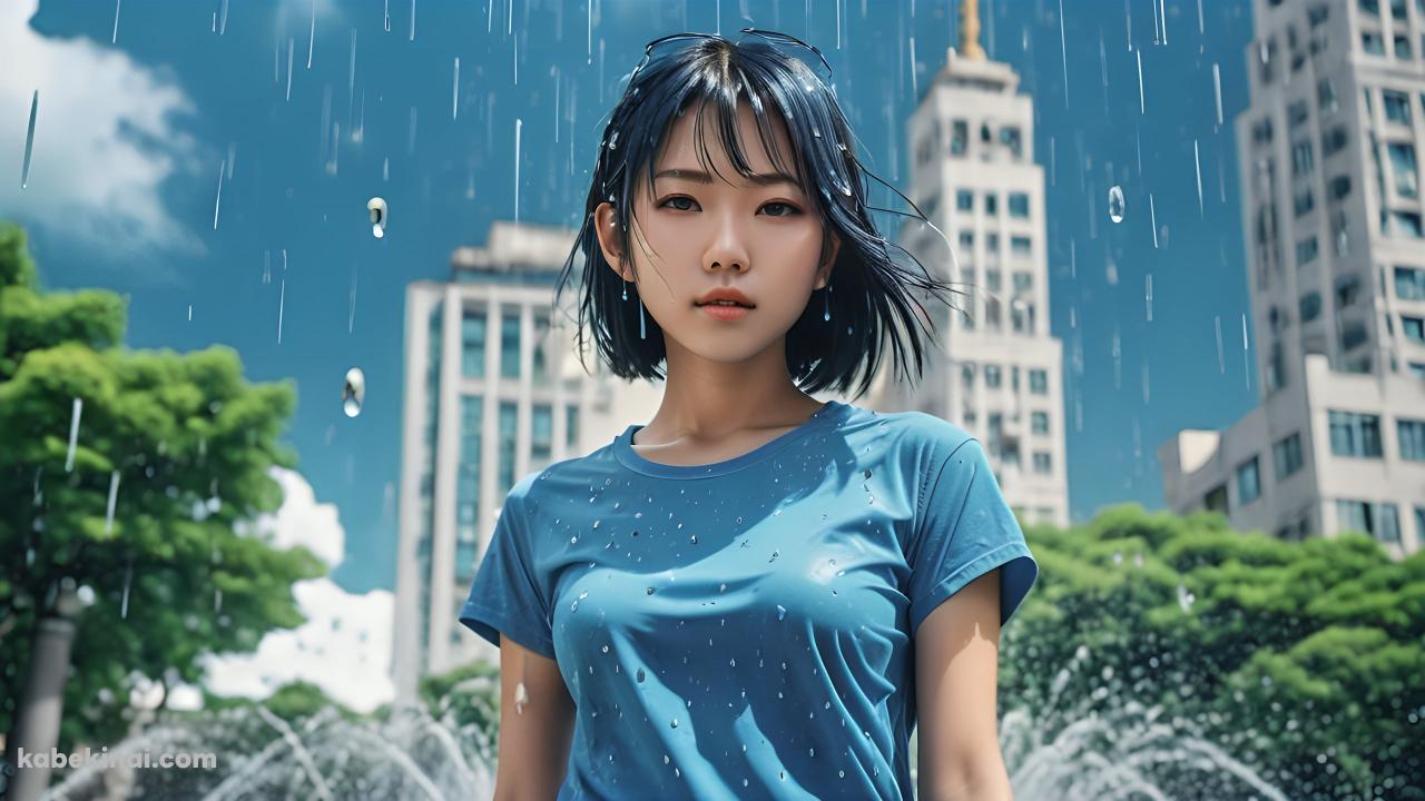 噴水の前で濡れた青髪・青Tの女性の壁紙(1280px x 720px) 高画質 パソコン用