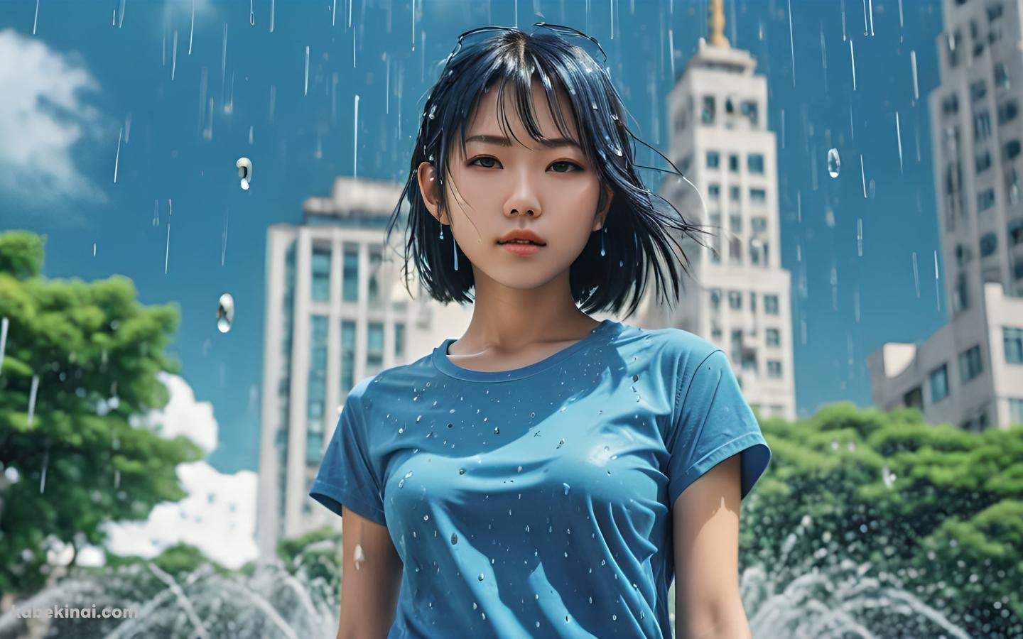 噴水の前で濡れた青髪・青Tの女性の壁紙(1440px x 900px) 高画質 パソコン用