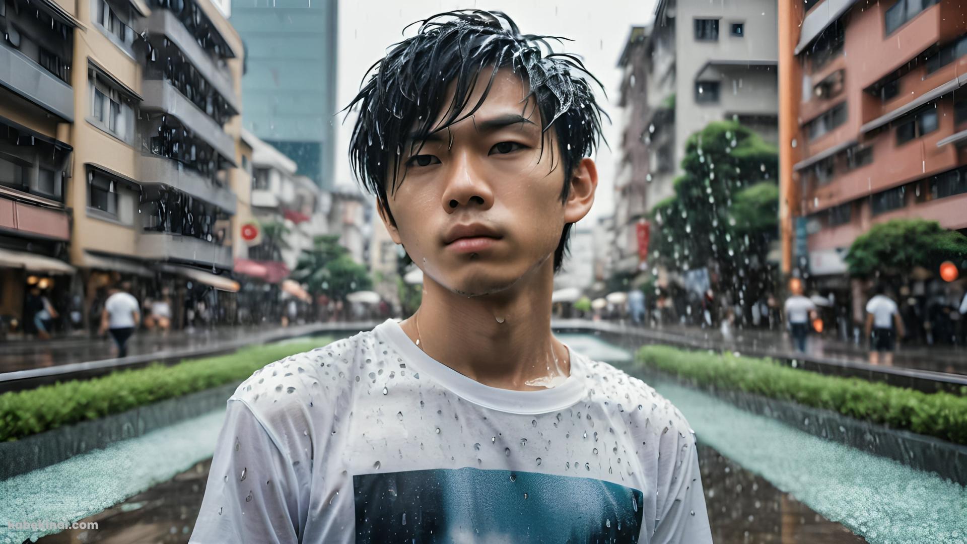 水に濡れた黒髪の男性 / 白いTシャツの壁紙(1920px x 1080px) 高画質 パソコン用