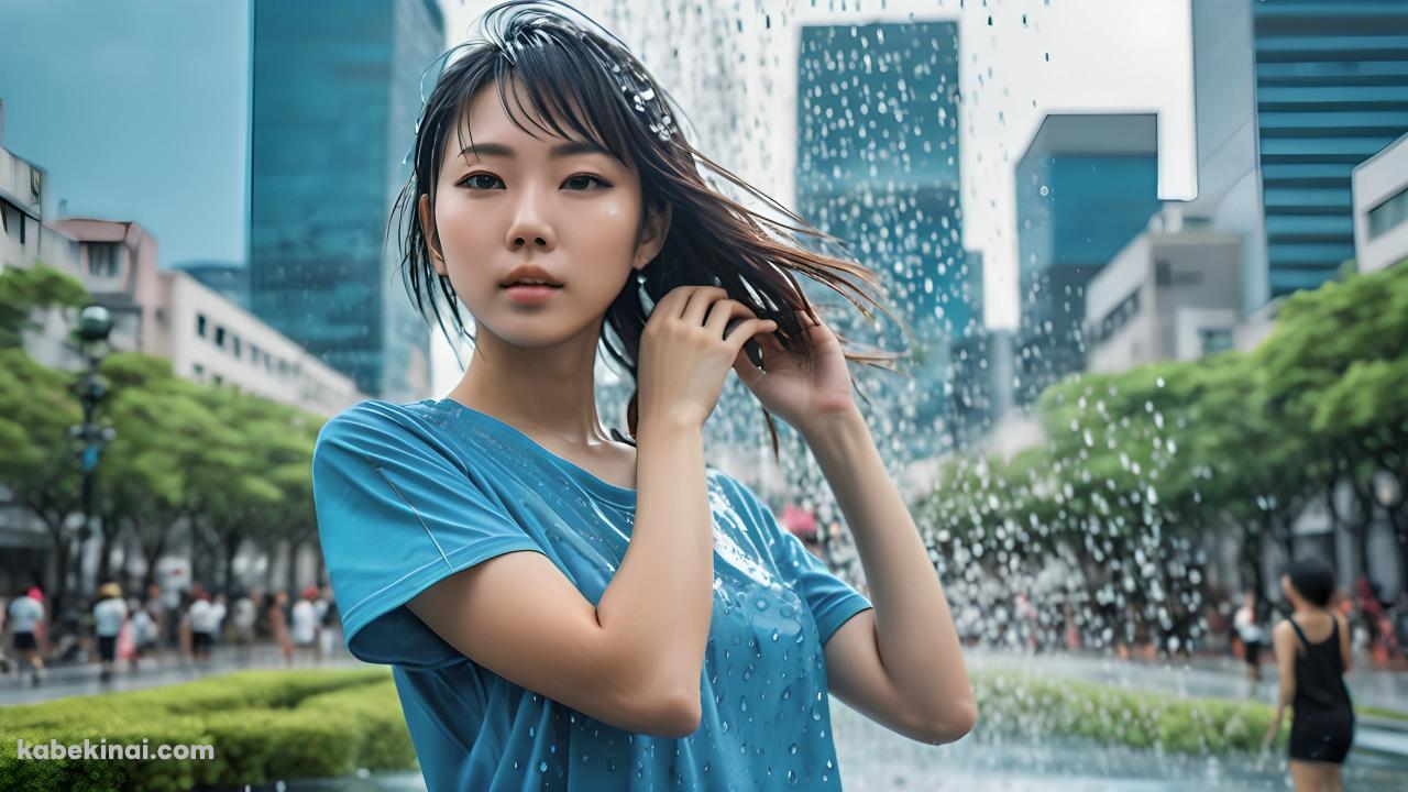 噴水の前で濡れた髪を触る水色のTシャツを着た女性の壁紙(1280px x 720px) 高画質 パソコン用