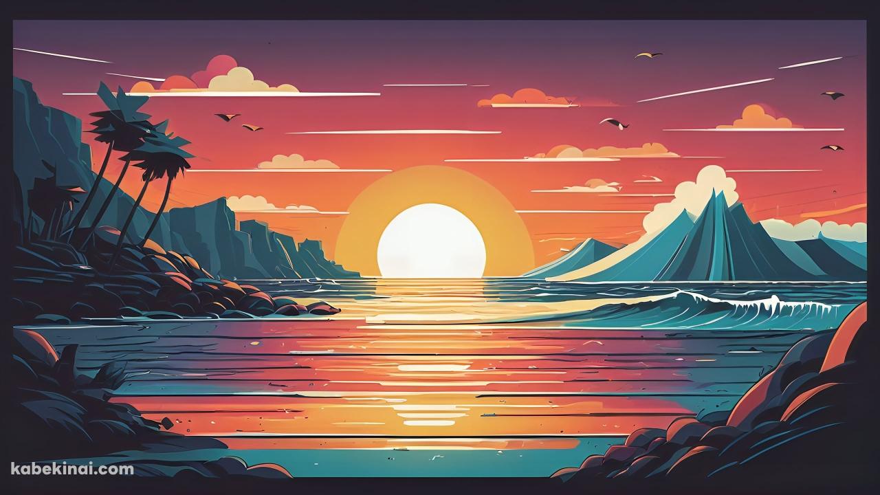 赤みがかった夕陽と海 / イラストの壁紙(1280px x 720px) 高画質 パソコン用