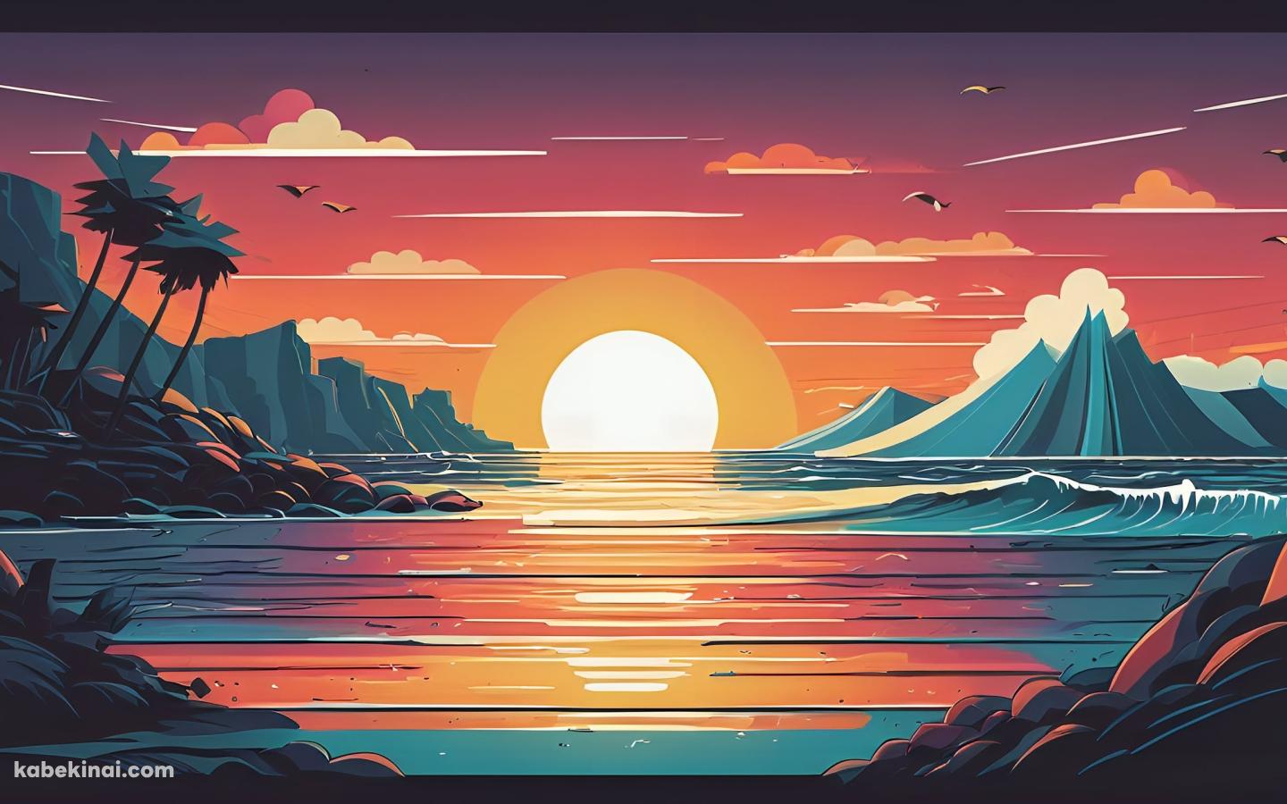 赤みがかった夕陽と海 / イラストの壁紙(1440px x 900px) 高画質 パソコン用