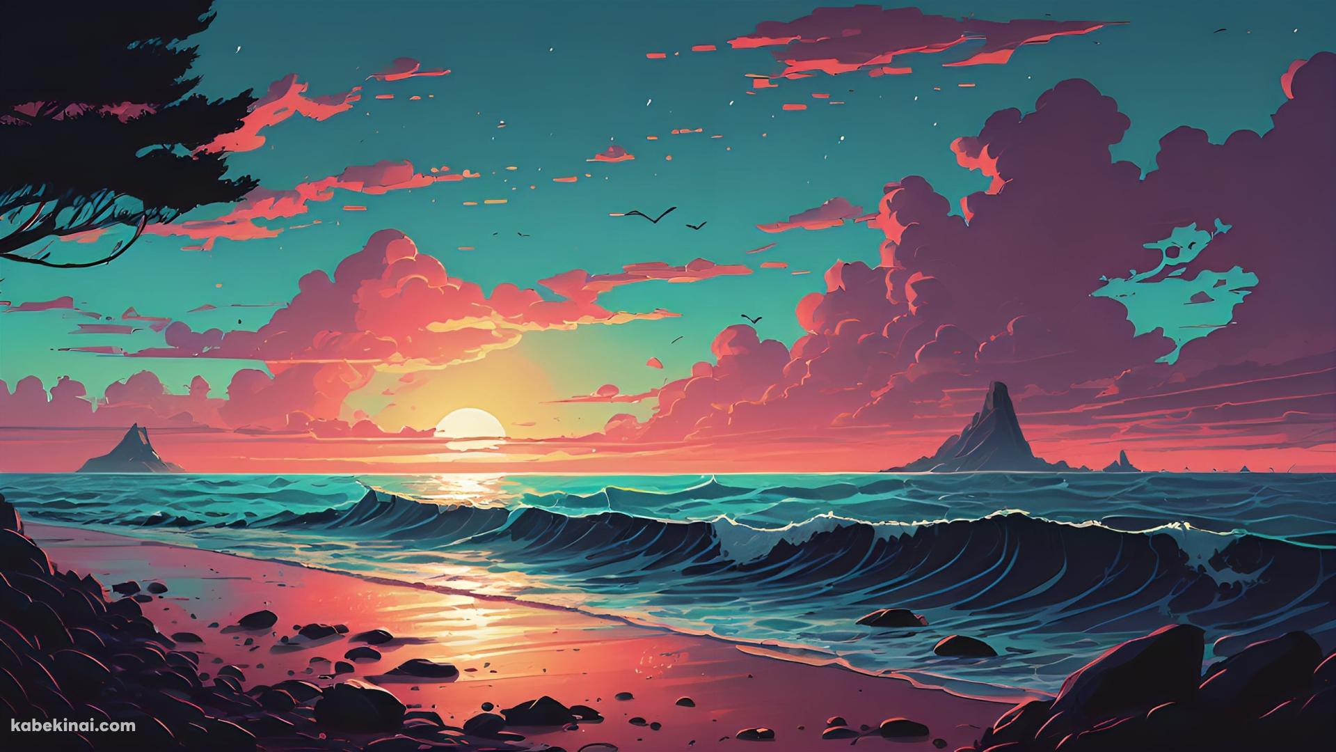 押し寄せる波と夕陽と渡り鳥 / イラストの壁紙(1920px x 1080px) 高画質 パソコン用