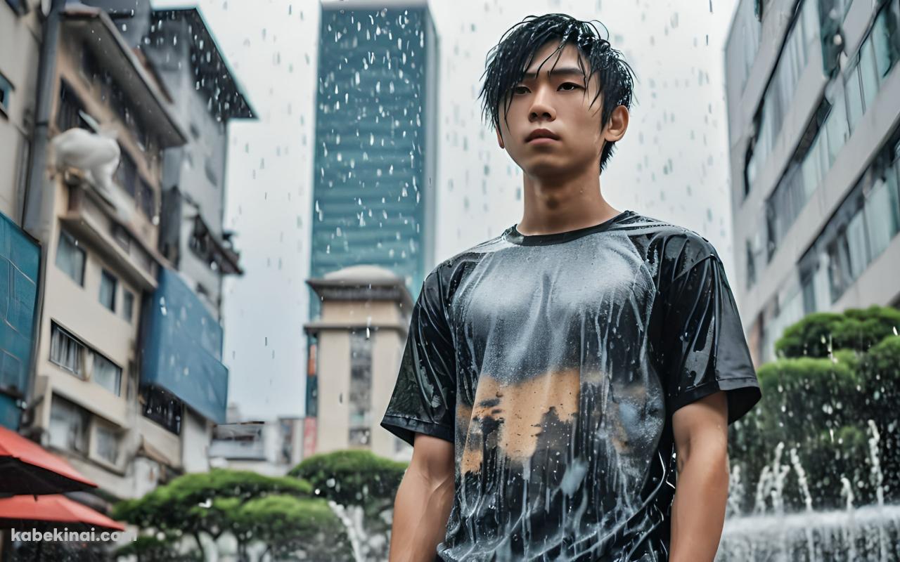 噴水の前で濡れた黒髪の日本人男性 / 黒いTシャツの壁紙(1280px x 800px) 高画質 パソコン用