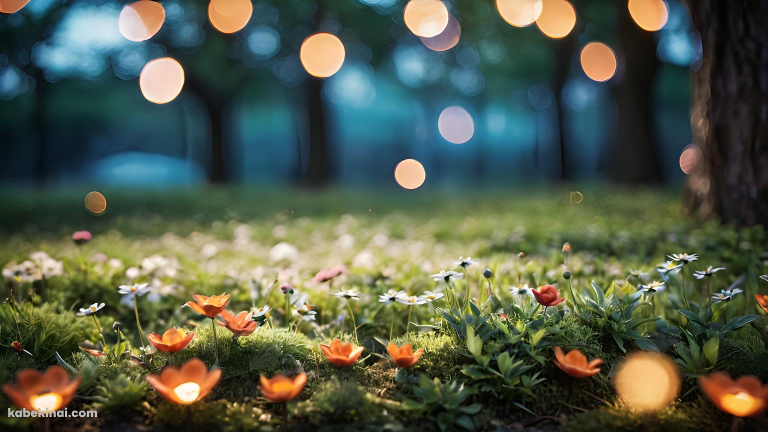 オレンジ・白の花が咲く森 / 乱反射する光の壁紙(1536px x 864px) 高画質 パソコン用