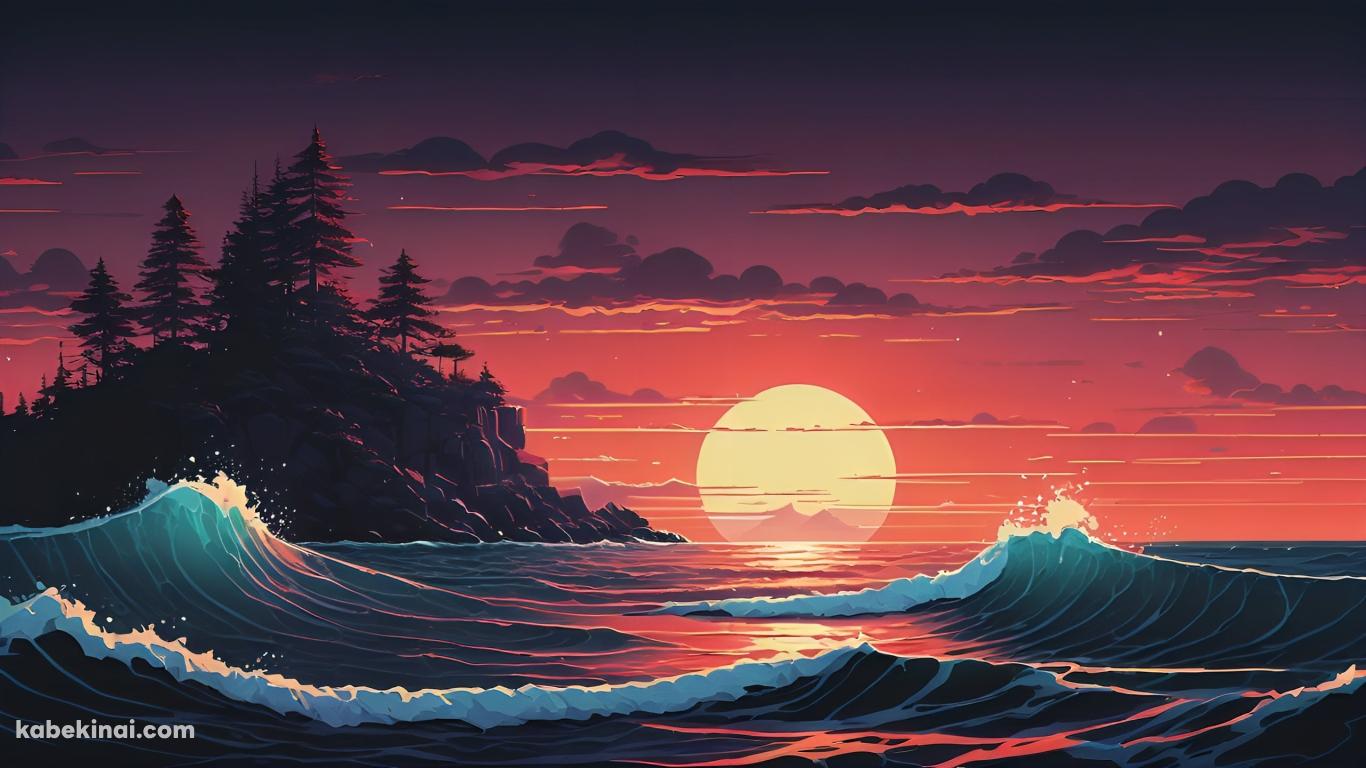 夕陽と荒れた海 / イラストの壁紙(1366px x 768px) 高画質 パソコン用